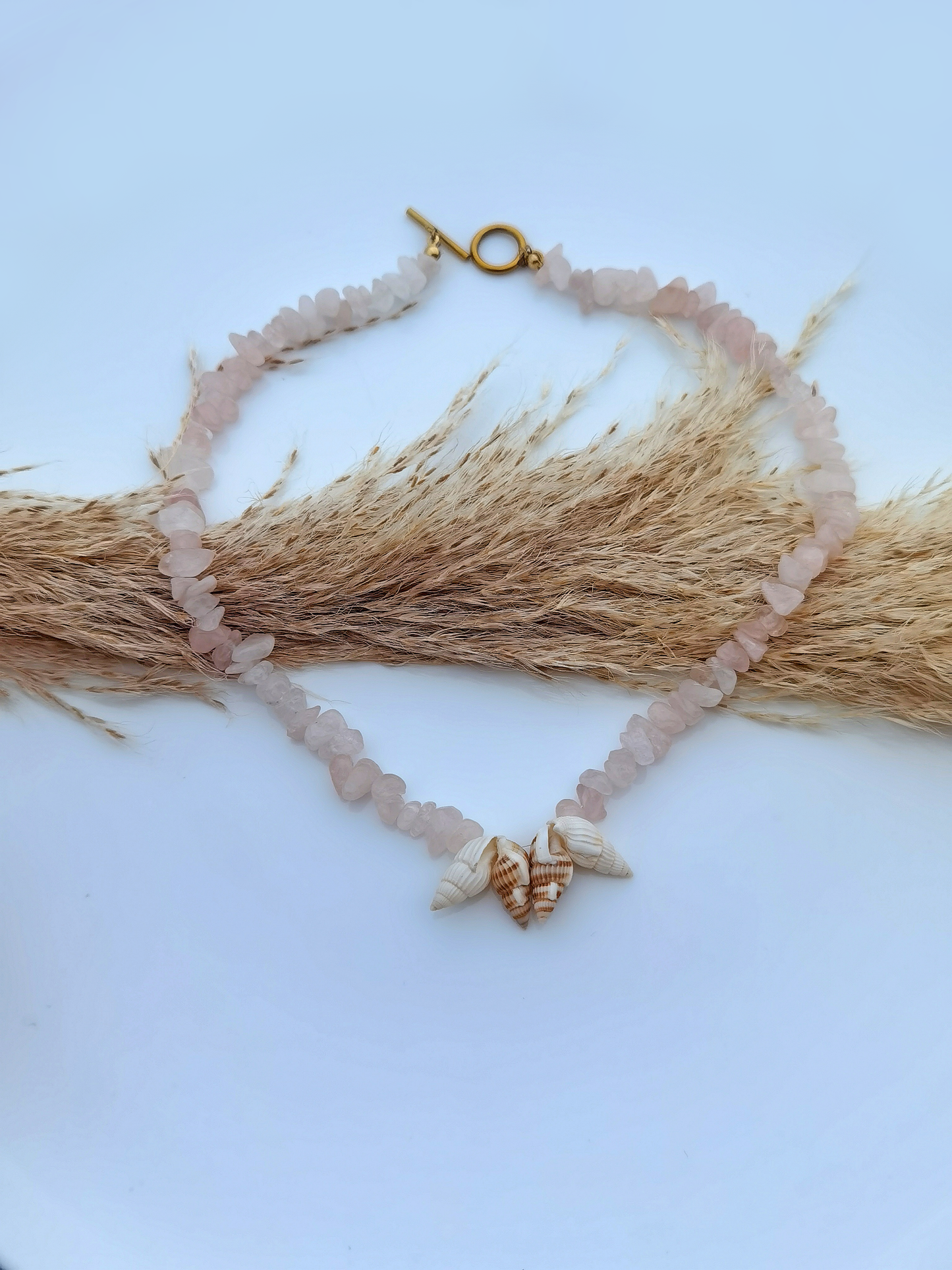 "Pink Quartz and Seashell Necklace"