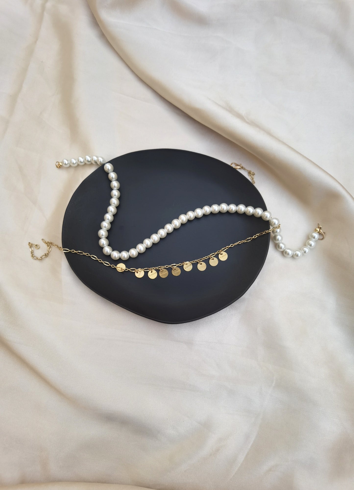 Pearl necklace and short stainless steel chain set