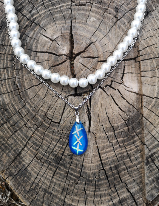 Pearl Necklace Set and Bright Blue Teardrop Chain